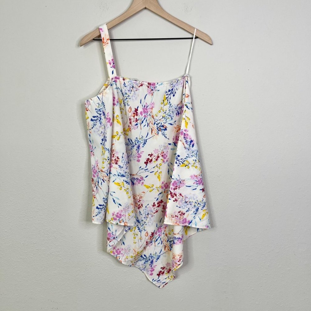 Cato Women’s White Floral Blouse Shirt Size 14 16 One-sleeve Asymmetrical Spring